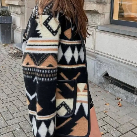 106. LAST 1! CLEARANCE Thin fleece Aztec Black Tribal blazer Lined Jacket Coat - Picture 3 of 12